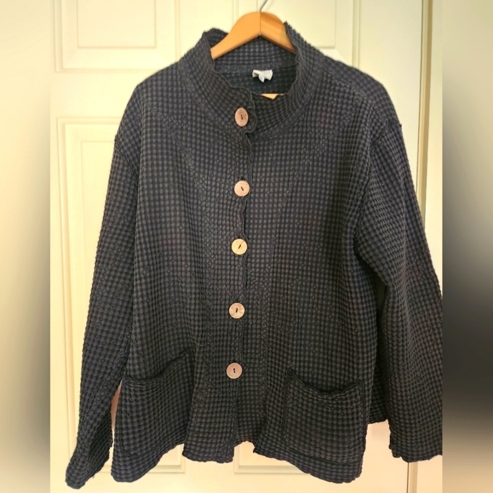 Focus Waffle Knit Jacket Blazer Size Xl Black Lagenlook Artsy